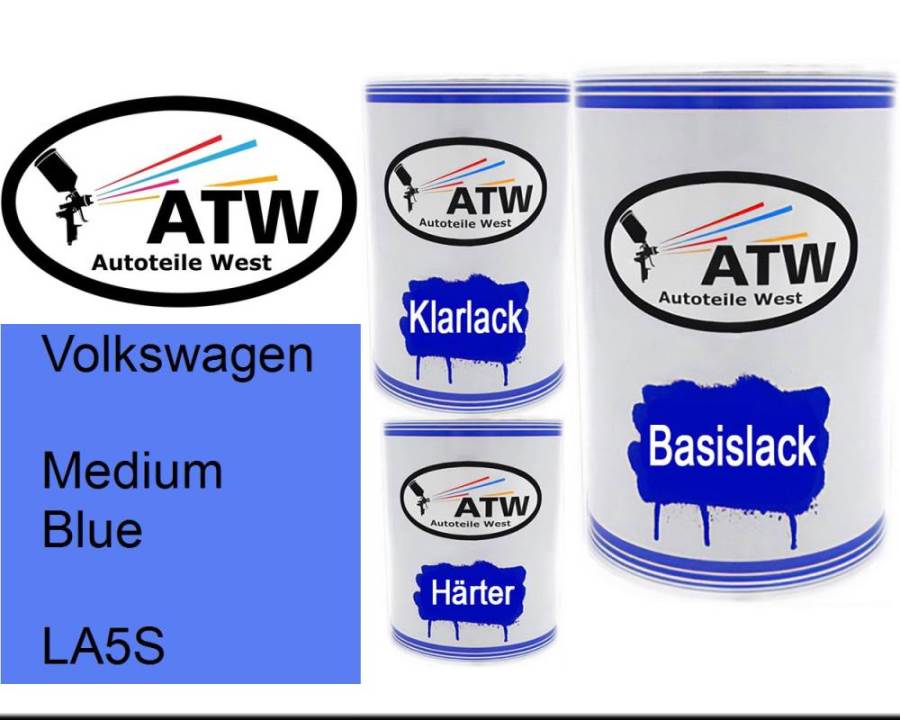 Volkswagen, Medium Blue, LA5S: 500ml Lackdose + 500ml Klarlack + 250ml Härter - Set, von ATW Autoteile West.